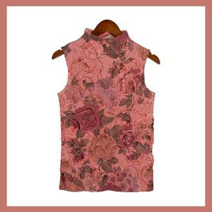 Vintage Crinkle Floral Sleeveless Mock Neck Top Pink Burgundy Stretch Ness S